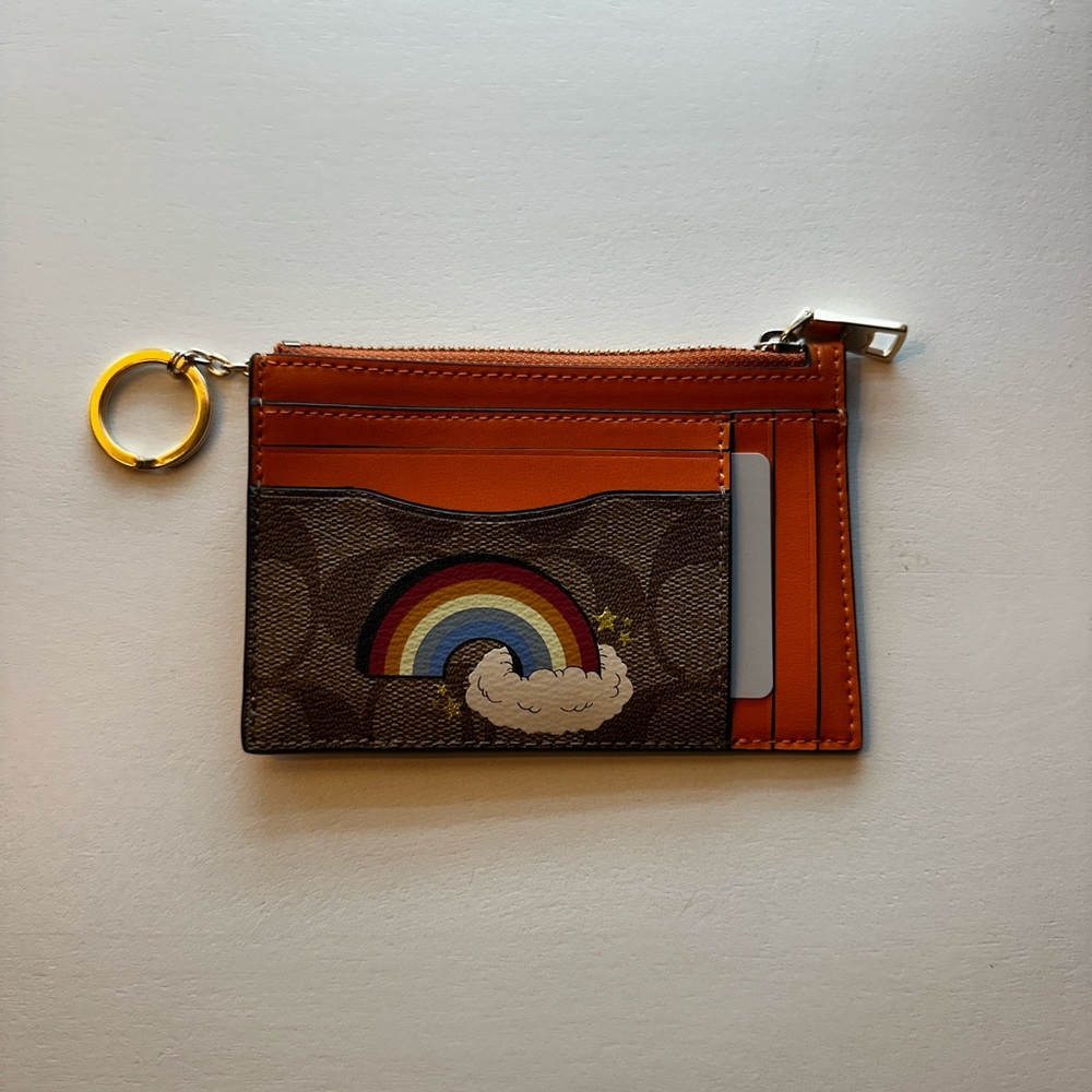 Coach Brown and Orange Key & Card Holder with Rainbow Design